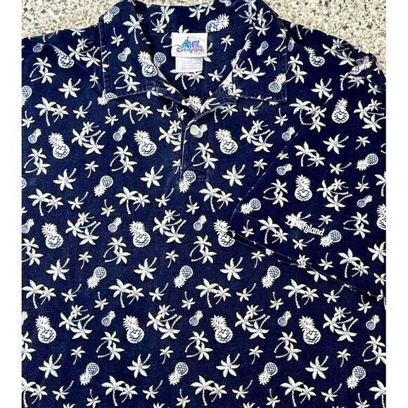 Disneyland Resort Polo Hawaiian Allover Print SS‎ Navy Men's L Mickey Pineapples - Picture 10 of 12
